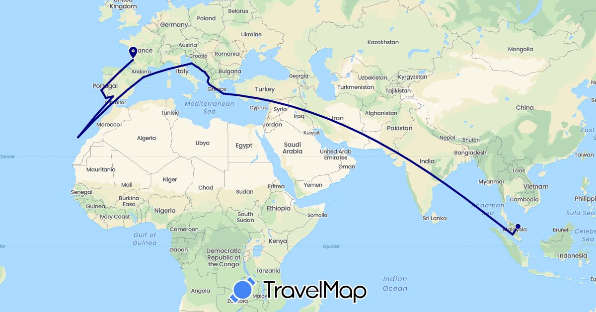 TravelMap itinerary: driving in Albania, Spain, France, Greece, Croatia, Montenegro, Malaysia, Portugal (Asia, Europe)