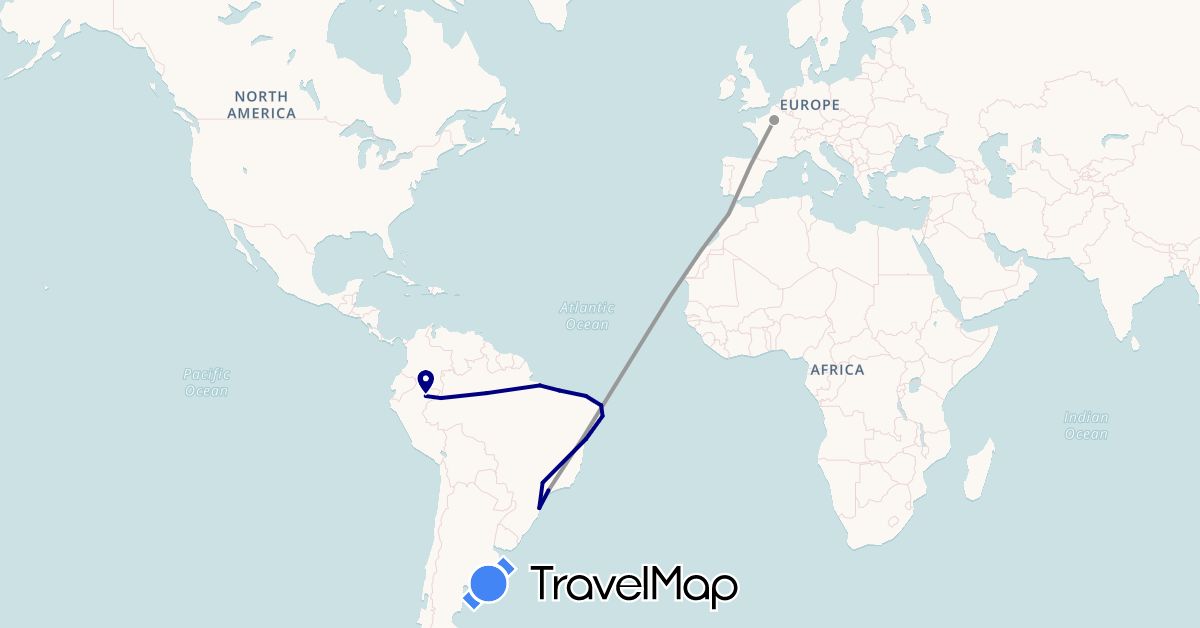 TravelMap itinerary: driving, plane in Brazil, Colombia, France, Morocco, Peru (Africa, Europe, South America)