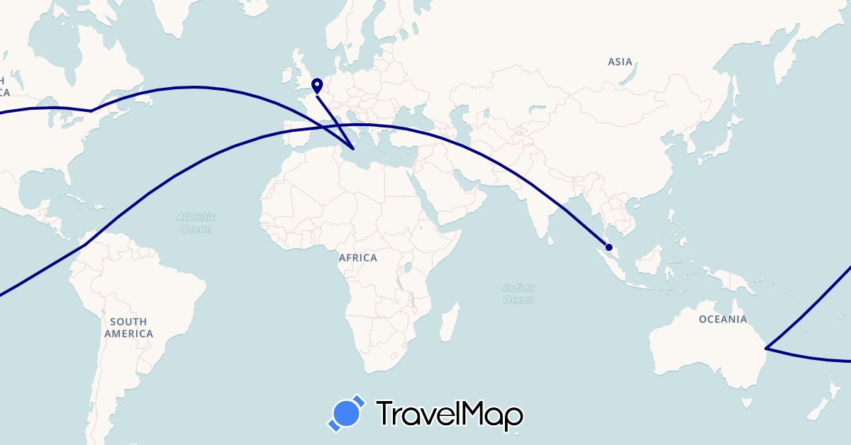 TravelMap itinerary: driving in Australia, Canada, Colombia, Spain, France, Malta, Malaysia (Asia, Europe, North America, Oceania, South America)